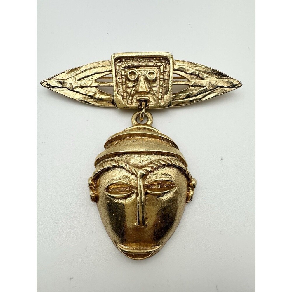 Vintage African Mask Tribal Brooch Gold Tone
